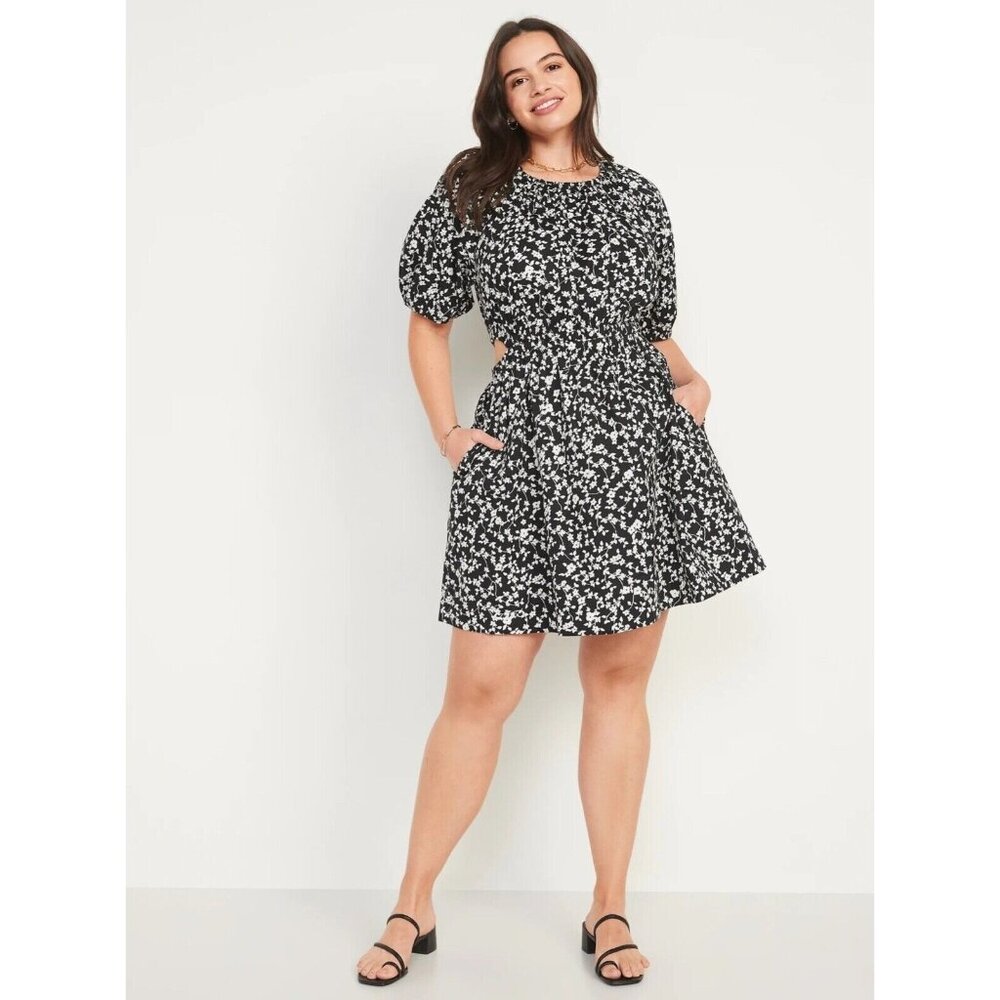 Old Navy Womens XL Waist Defined Puff Sleeve Cotton Poplin Side Cutout Dress
